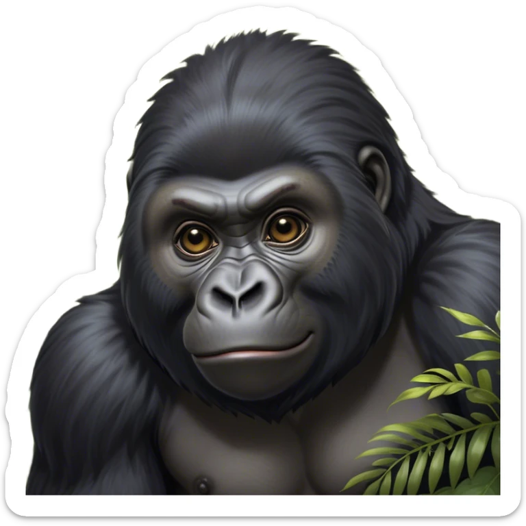 Cinematic Cute mountain Gorilla Portrait Emoji, Head tilted playfully and inquisitively, with a robust build accented by a striking black and grey mane and round, sparkling eyes full of gentle charm, Simplified yet irresistibly adorable features, highly detailed, glowing with a warm, friendly jungle glow, high shine, affectionate and lively, stylized with a touch of endearing primate whimsy, soft glowing outline, capturing the essence of a mischievous yet loving mountain that feels like it could lumber out of the screen into your arms! sticker