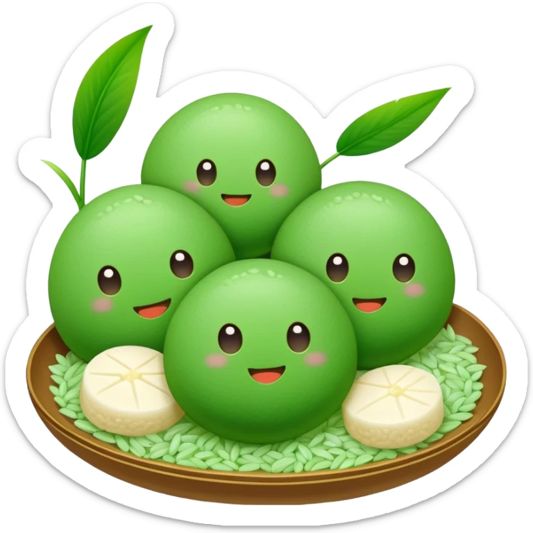 Qingming Festival green rice balls Qingtuan with sweet filling, simplified emoji style with bold outlines and bright colors, cartoon style green mochi-like dessert sticker