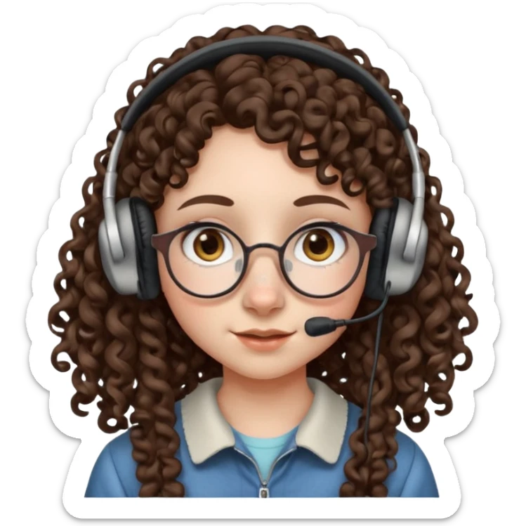 brunette kid with unique face features and very curly long hair kid girl neutral and very big nose and ears and dark eyes with freckles kind of nerd looking and headphone wearing no glassess just nose piercing very big one sticker