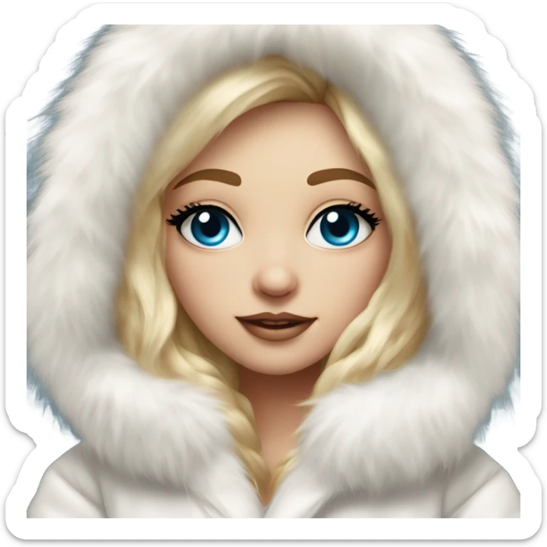 Beautiful Girl with lashes and blue eyes, blonde hair, in a extremely big fluffy oversized white fur coat with hood on. The fur is real and it’s very obvious big and fluffy  sticker