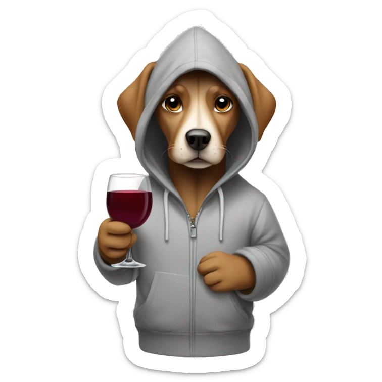 dog wearing a hoodie holding a glass of wine sticker