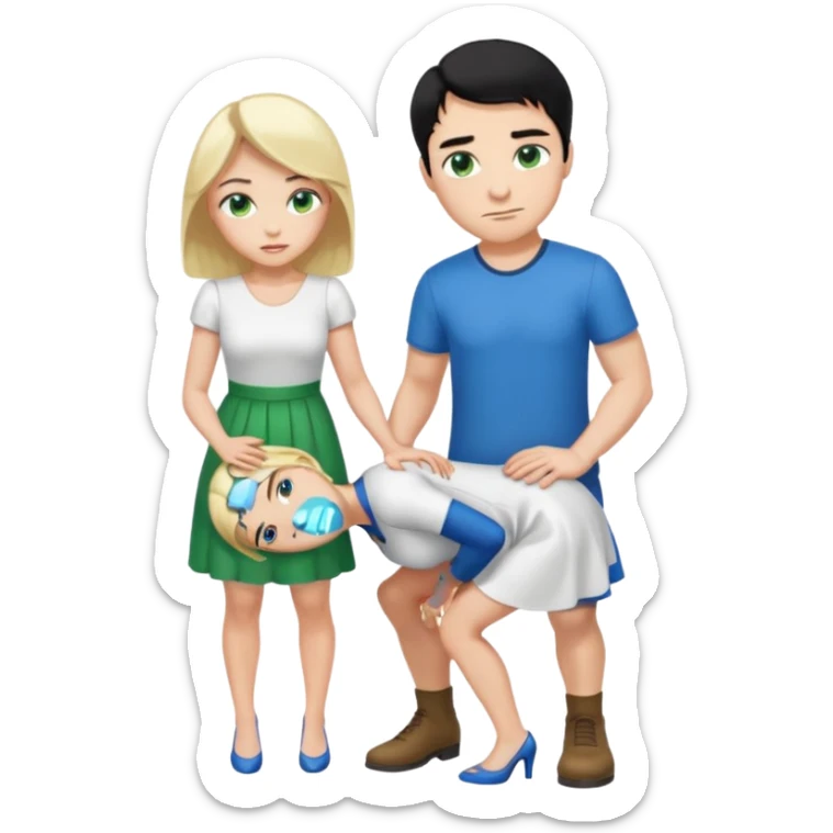 King, man, standing, black Hair, blue eyes, whole body, Woman, bending knees, blonde, green eyes, White Dress, sticker