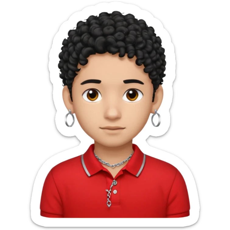 teen boy, indian, black curly hair, undercut hairstyle, silver earring in one ear, red polo shirt, silver chain sticker