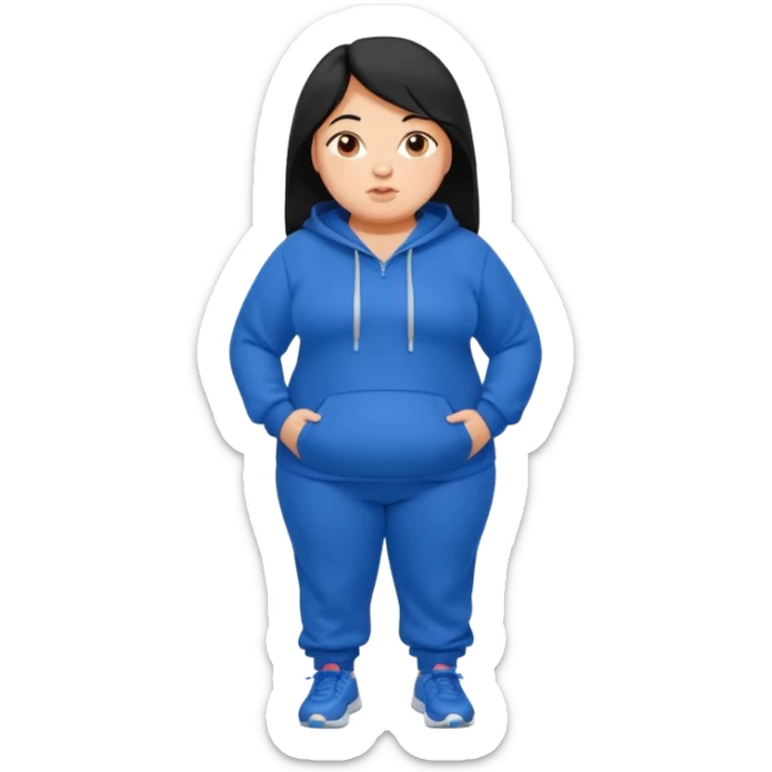 a pretty bratz tan girl who is very very fat . Hair color black. blue Jogging outfit sticker