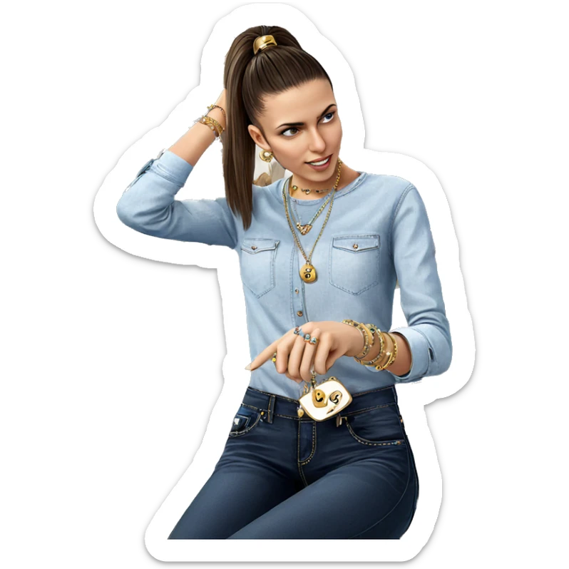 girl in denim with jewelry sticker