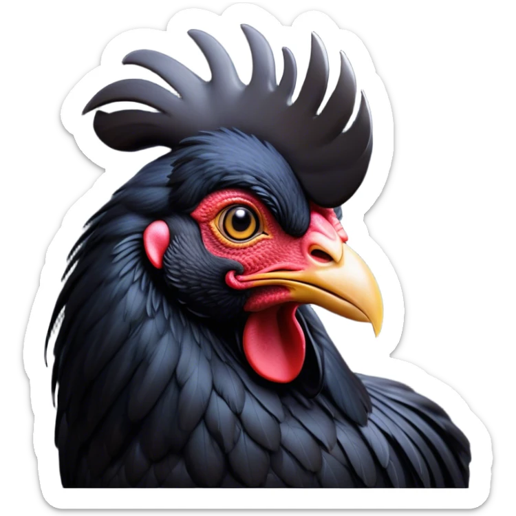 Cinematic Noble Black Rooster Portrait Emoji, Poised and regal, with a robust, commanding build and a sleek, well-groomed pure black plumage, deep-set soulful piercing eyes, Simplified yet sharp and sophisticated features, highly detailed, glowing with a soft, dignified glow, high shine, intelligent and proud, stylized with an air of mysterious majesty, focused and attentive, soft glowing outline, capturing the essence of a watchful and confident leader, so majestic it feels as though it could crow out of the screen with effortless authority! sticker