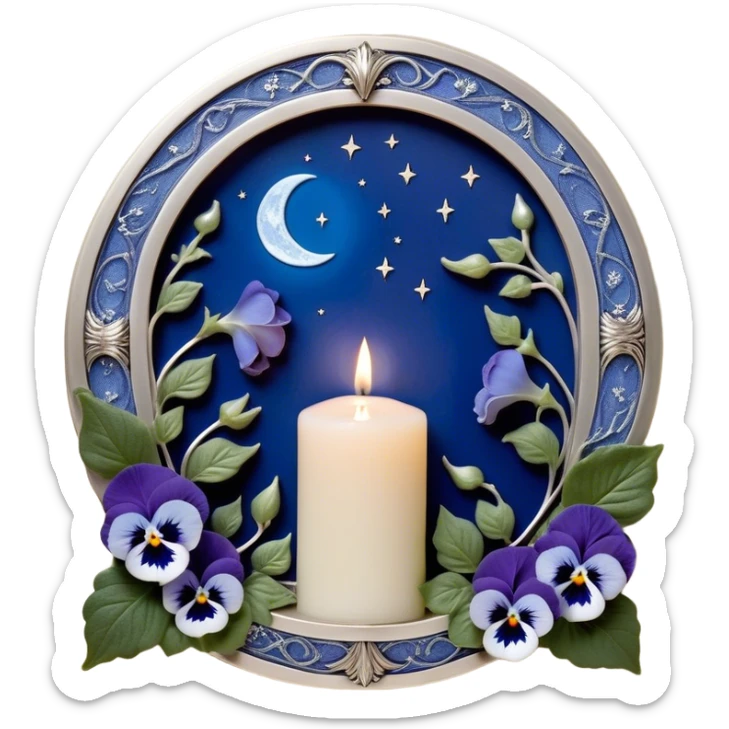 A peaceful sanctuary under the glow of a silver crescent moon, where lush blue pansies bloom in a secluded garden. The pearl-colored candle, adorned with delicate engravings, flickers with a soft luminescence, its wax melting into artistic patterns. Silver ivy vines weave through the flowers, catching the moon’s glow. A gentle breeze lifts tiny petals into the air, creating a serene and poetic atmosphere, while subtle celestial runes appear faintly in the candle’s light. sticker