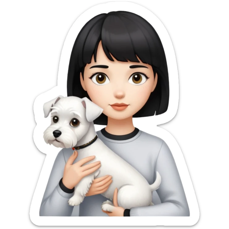 Girl with short black hair and bangs holding a white schnauzer dog sticker