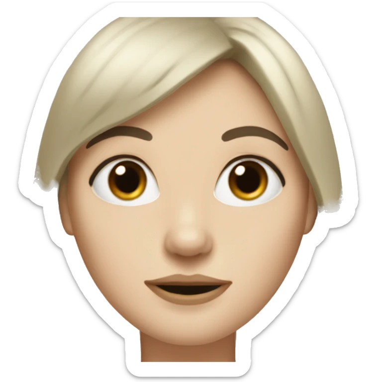 pale white woman with black hair and bangs with a little nose and brown e sticker