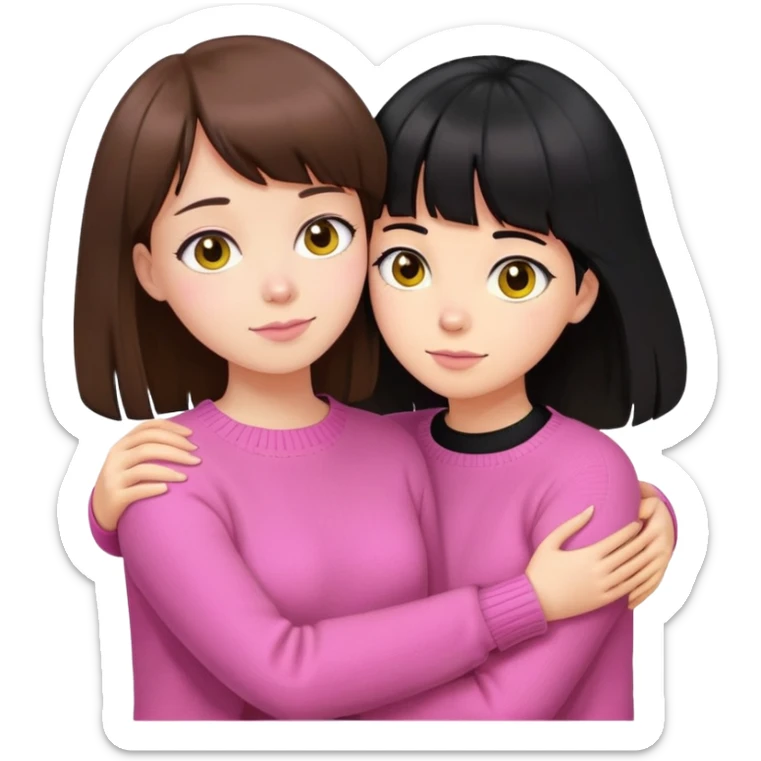 girl in pink sweater with brown hair and bangs hugs girl in yellow sweater with black hair sticker
