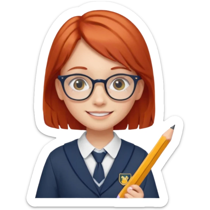 red long hair girl kid with glasses → holding a pencil with school uniform sticker