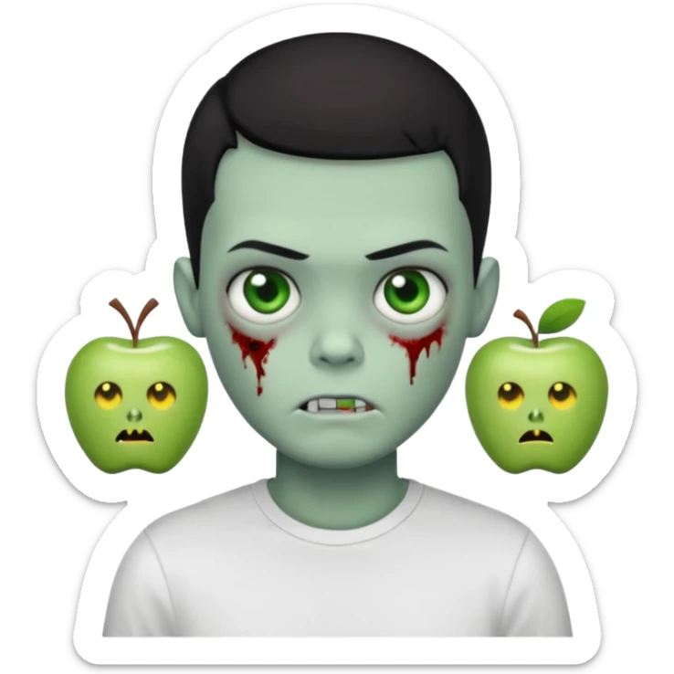 zombie boy with black buzz cut hair and white t shirt, apple style emoji sticker