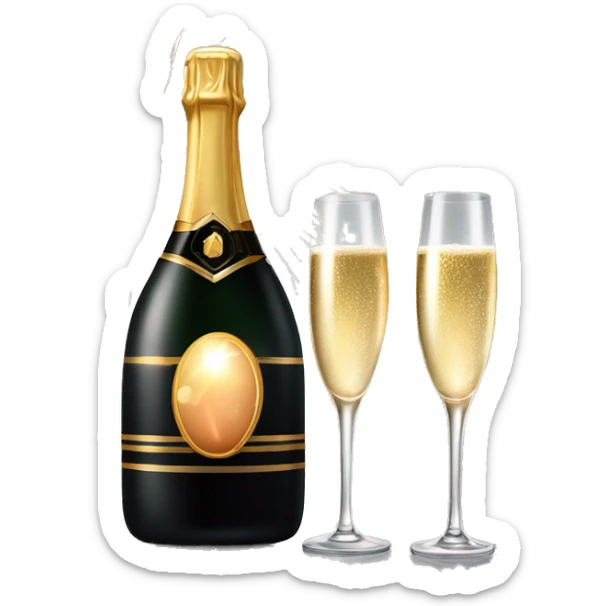 Realistic sparkling diamond glam black bottle of New Years champagne with glass next to it filled withchampagne with two lit sparkler fireworks in the glass with the champagne  sticker