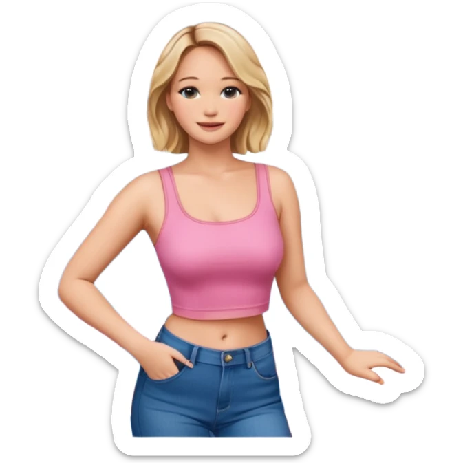jennifer lawrence, pink crop top, and blue jeans, leaning on a balcony with a harbor and cityscape in the background, smiling sticker