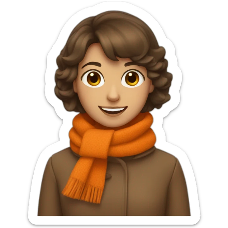 girl with a bob haircut, brown hair, orange scarf and coat, smiling sticker