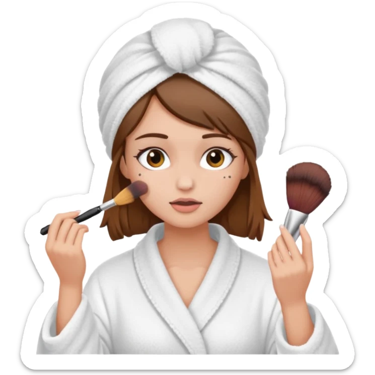 Girl with brown hair in white dressing gown and white towel wrapped in her head doing her makeup sticker