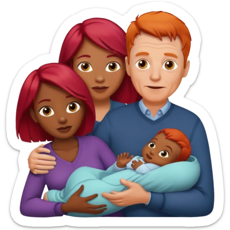 Older white man with red hair younger african women with new baby sticker