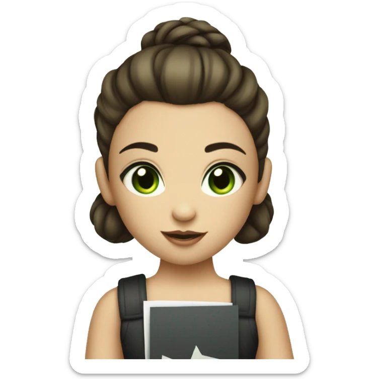 young girl with brunette hair tied up in a high bun and brunette hair, light green eyes  is holding a sign with a big 10 sticker