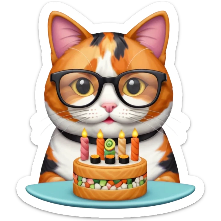 cat with cool square glasses eating a birthday cake made out of sushi sticker