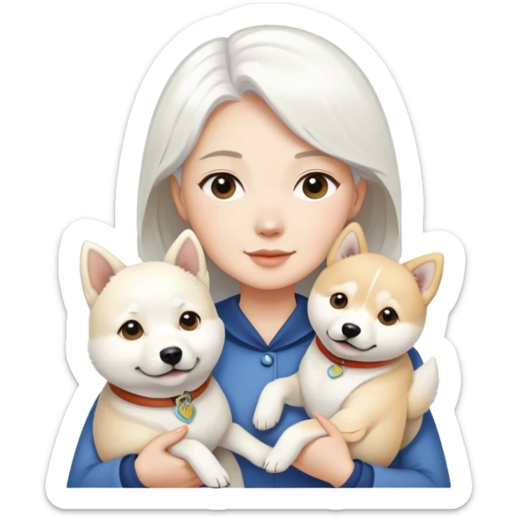 A white-haired woman holding a white Labrador and a white Shiba Inu sticker