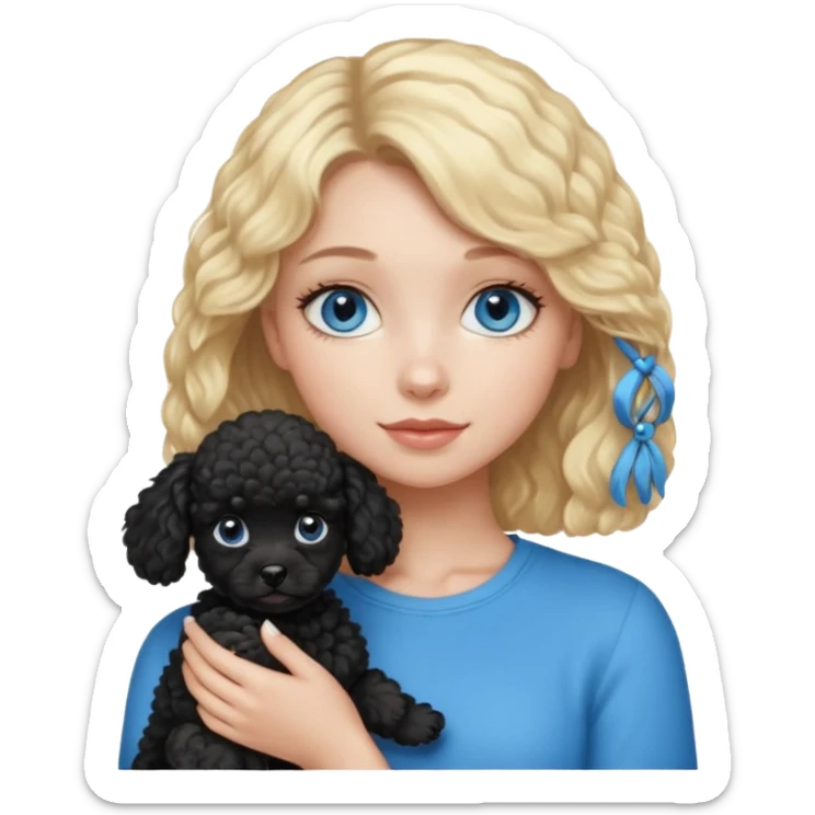 blonde girl with blue eyes holding black puppy poodle sticker