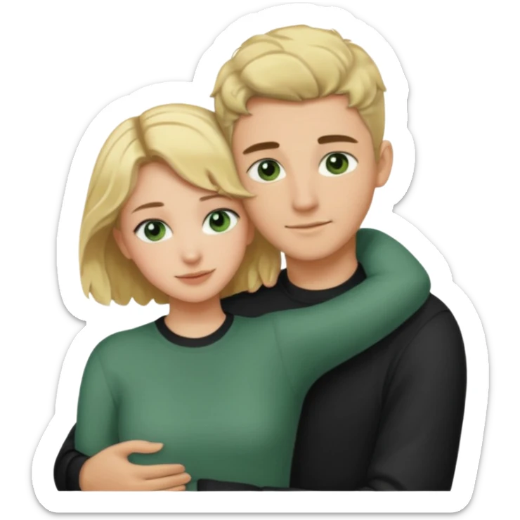 couple hugging.  girl is blonde with wavy hair. man is tall with dark hair in a crew cut. both have green eyes. both are white people. sticker