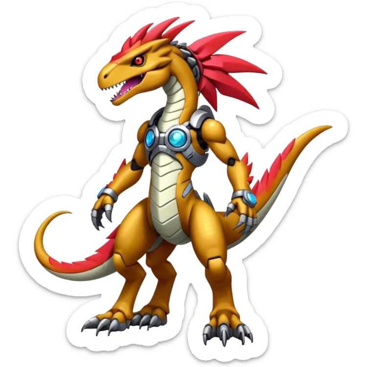 Furry maned Cool Edgy badass Futuristic shiny colorful cyborg-Digimon-Fakemon-Guilmon-Velociraptor-Mecha full body  sticker