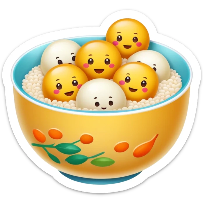 Sweet glutinous rice balls in syrup bowl with sesame, simplified emoji style with bold outlines and bright colors, cartoon style Tangyuan dessert snack sticker