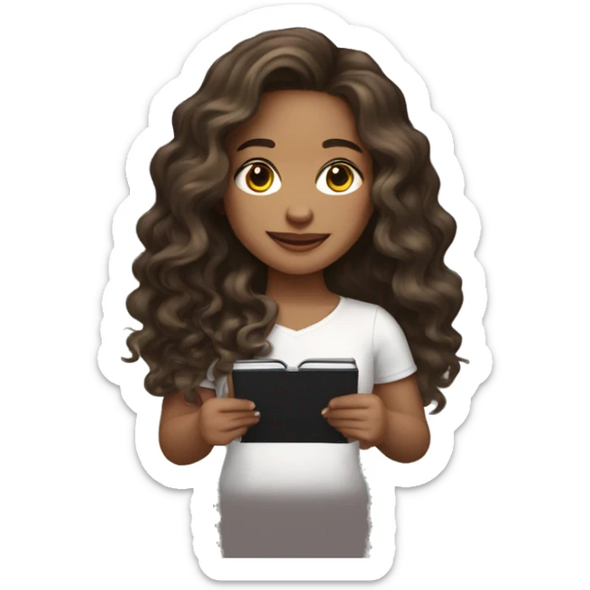 Light skin girl with long wavy brunette hair holding a kindle sticker