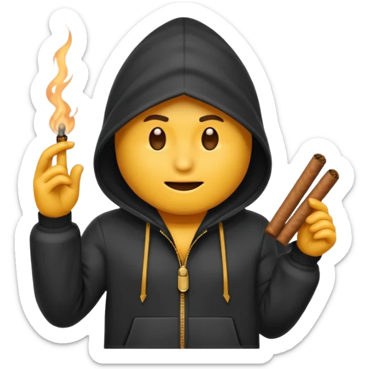 Tu peux créer un emoji d'un cagoule noir qui fumé un cigare qui me le doigt comme ça 🫵🏾 sticker