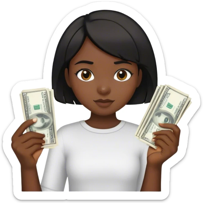 a young girl with dark skin and short black hair holding money and a glue stick in her hands sticker