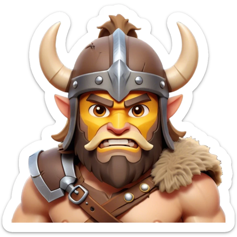 Clash of Clans style: Cinematic Fierce Barbarian Portrait Emoji, Poised and bold with a rugged, cartoonish build in tattered furs and a whimsical horned helmet, bright expressive eyes and a confident smirk, Simplified yet dynamic features, highly detailed, glowing with a vivid, adventurous aura, high shine, heroic and spirited, stylized with an air of medieval warrior charm, focused and energetic, soft glowing outline, capturing the essence of a fearless barbarian adventurer ready to lead his clan with spirited valor! sticker