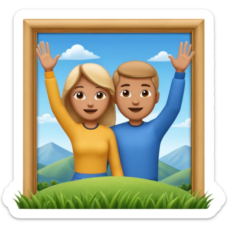 A 3D cartoon couple on top of a hill raising hands in victory, sunny sky and nature background, Memoji-style. inside photo frame. sticker