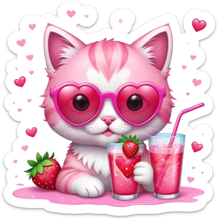 A bubblegum pink kitten with heart-shaped sunglasses, sipping a strawberry soda, surrounded by sparkles and summer vibes. sticker