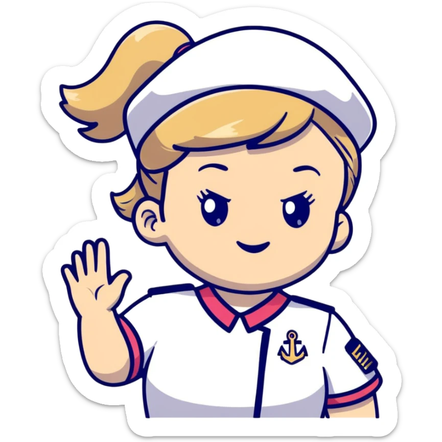 girl with dirty blonde ponytail, cruise captain uniform, waving at the camera sticker