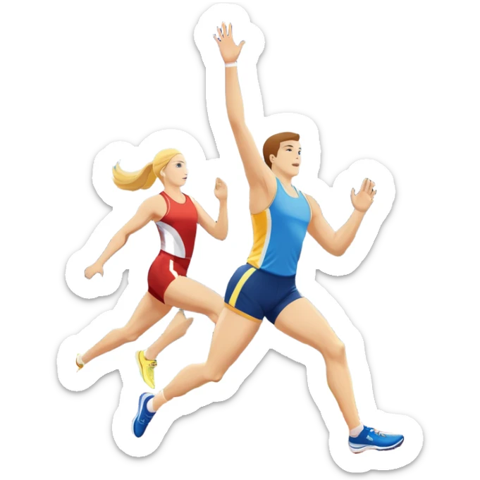 An icon featuring a collage of track and field equipment: a javelin, shot put, discus, high jump bar, and running shoes. The background shows a lively stadium with cheering fans, bright lights, and a clear sky, symbolizing the diversity of athletics. Transparent background emphasizes the sport. sticker