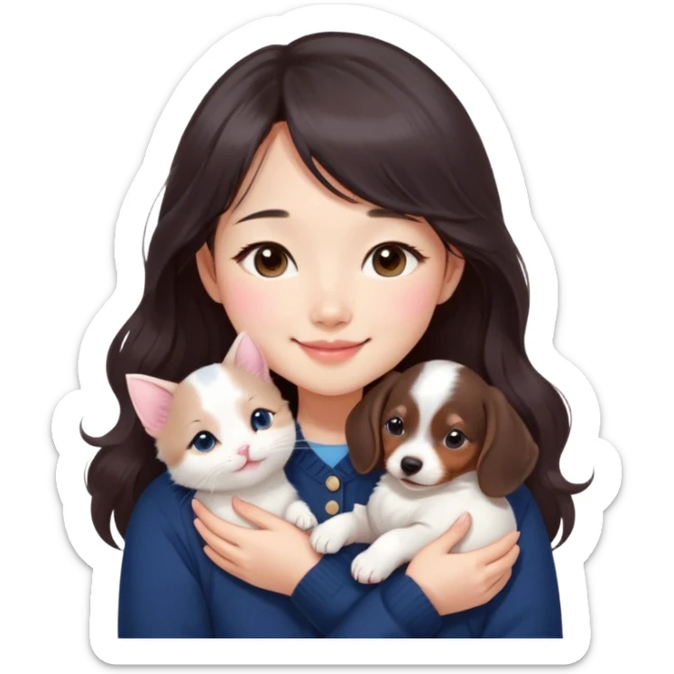 Cute asain girl with a cute smile, long dark brown wavy hair, straight bangs covering forehead, pink blushy cheeks. Wearing a cute navy blue cardigan,. Cuddling a white kitten and dashund puppy  sticker