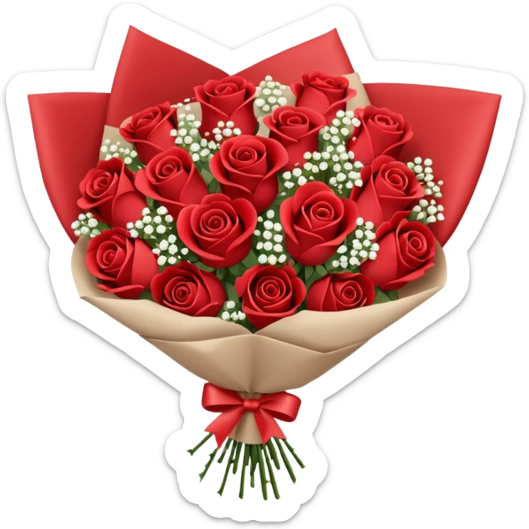 A paper-wrapped bouquet of fresh roses and baby’s breath sticker