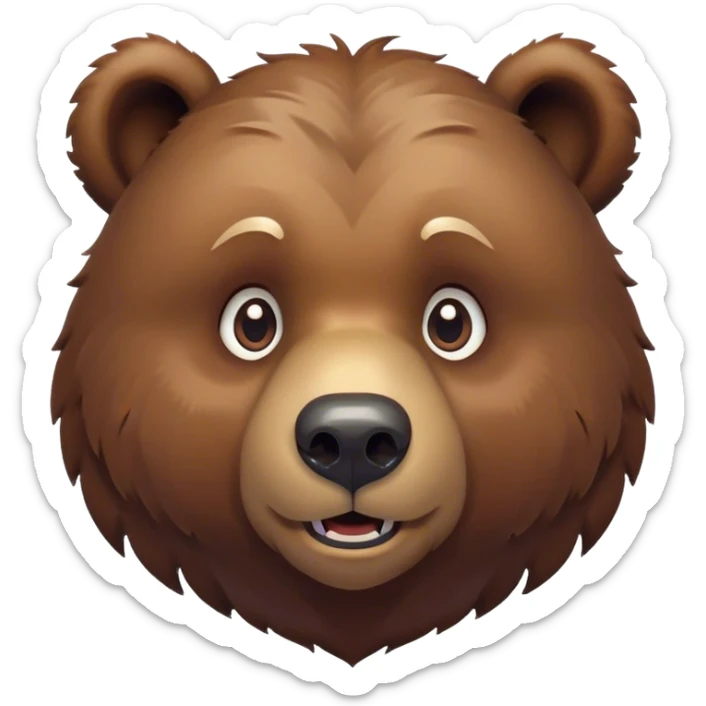 Cinematic Cute Grizzly Bear Portrait Emoji, Head tilted playfully and inquisitively, featuring a dense, rugged deep brown fur with a gentle, curious expression in round, sparkling eyes, Simplified yet irresistibly adorable features, highly detailed, glowing with a warm, friendly glow, high shine, affectionate and surprisingly gentle, stylized with a touch of wild whimsy, bright and endearing, soft glowing outline, capturing the essence of a mischievous yet loving bear, so playful it feels like it could amble out of the screen and into your arms! sticker