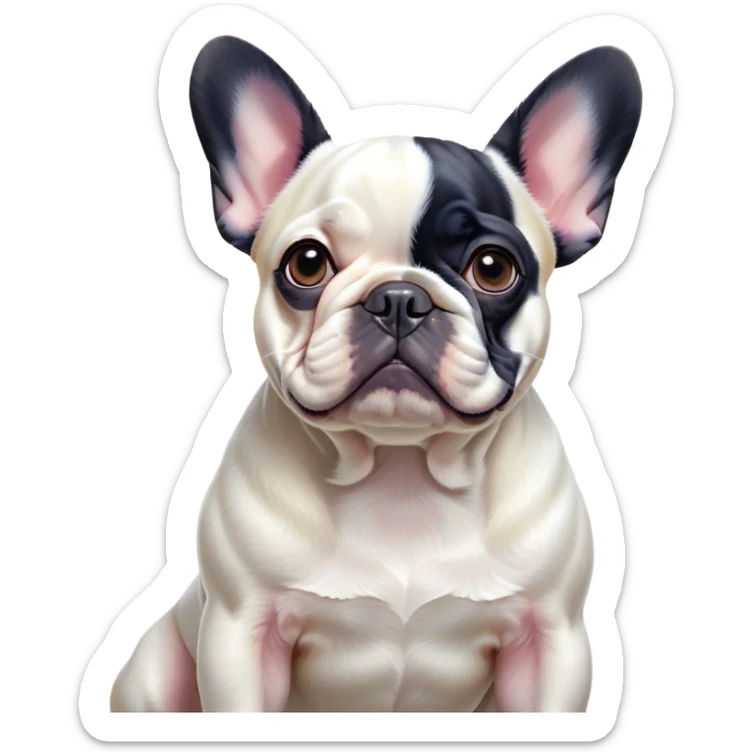 Cinematic Noble Pied French Bulldog Portrait Emoji, Radiating regal yet playful charm, with a distinctive pied fur of contrasting hues and a sculpted, expressive face featuring gentle, wise eyes and a confident stance, simplified yet artistically detailed, glowing with a soft, sophisticated radiance, high shine, exuding intelligent nobility and refined flair, soft glowing outline, capturing the essence of a noble Pied French Bulldog that embodies both strength and grace! sticker