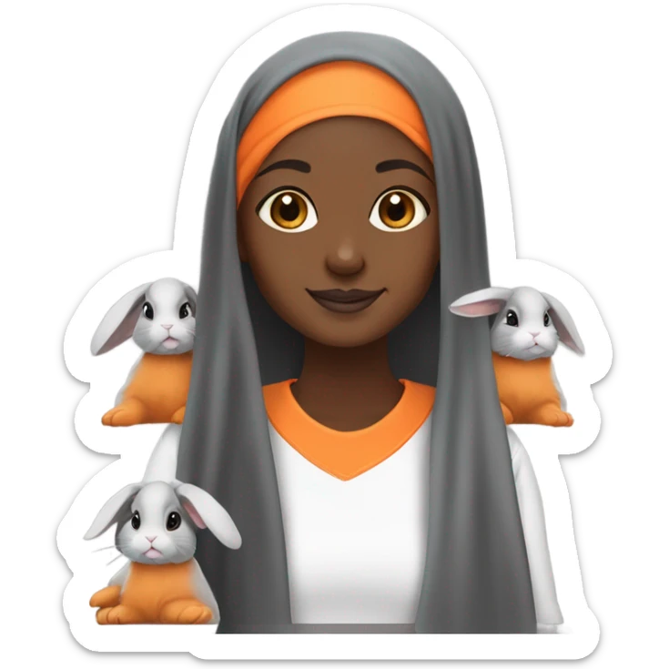 Black Muslim girl and her 3 cute orange, gray, and mix colored holland lop bunnies sticker