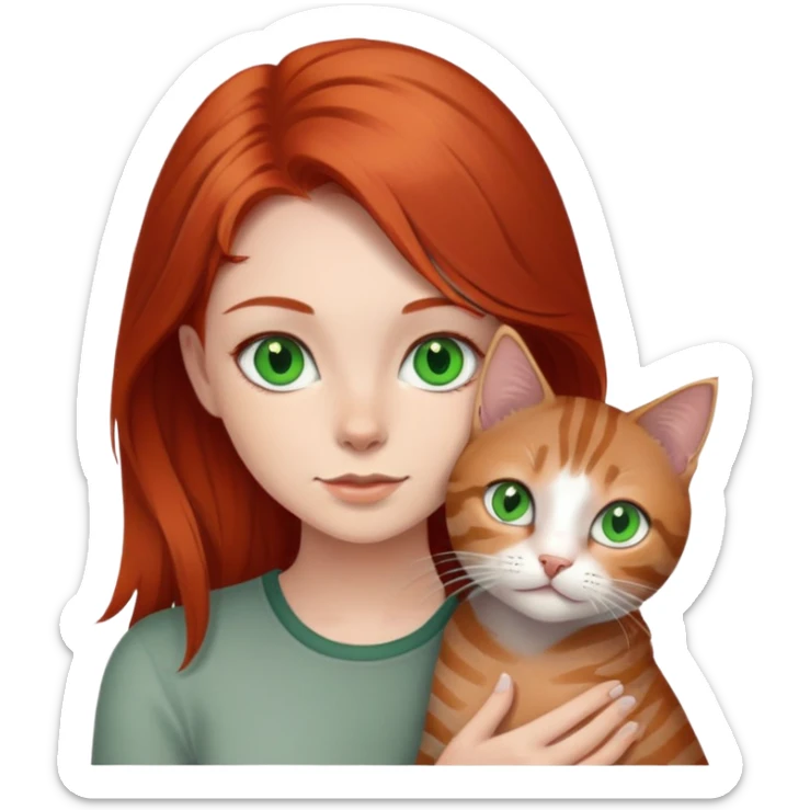 Red hair girl with green eyes holding a grey tabby girl with green eyes sticker