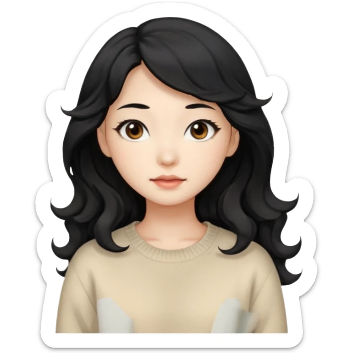 Beautiful girl,Black hair,wavy hair，long hair,Black eyes,Chinese, beige sweater  sticker