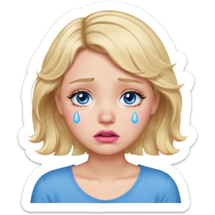 Girl Blonde short wavy hair,  blue eyes, cute blue top, long lashes, pink lips,crying with tears running down the face  sticker