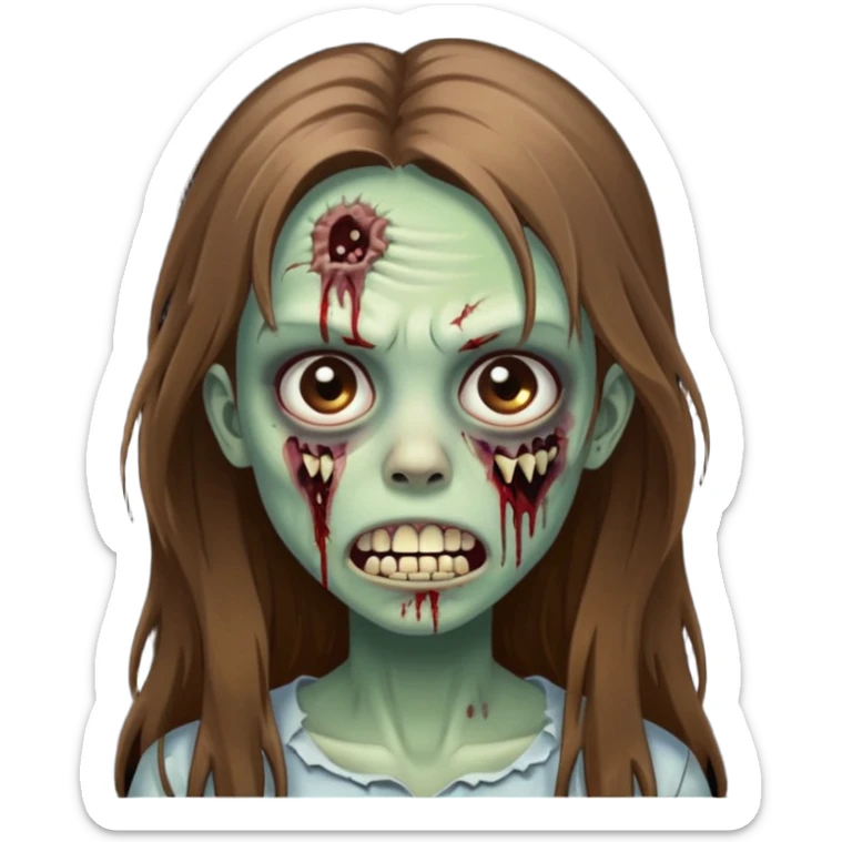 Girl zombie with brown long hair with teeth and serious face IOS style sticker