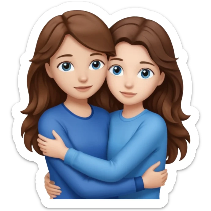 A girl with brown straight hair and blue eyes is hugging a girl with brown wavy hair with blue eyes  sticker