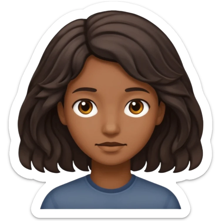 This is a cartoon-style avatar of a person with dark light wave hair, brown skin, and a calm expression sticker