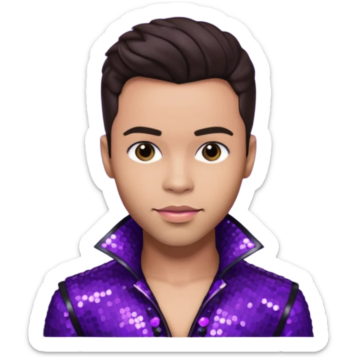 Prince Royce with dark brown hair, dark purple sequin outfit sticker