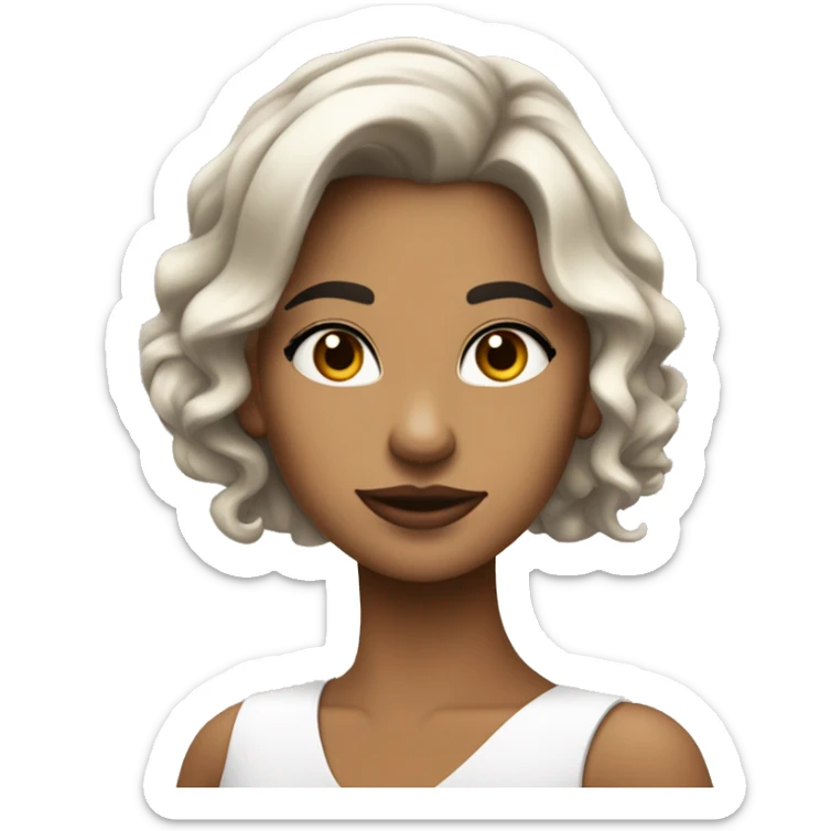 Chica de piel blanca, con pelo de color negro largo y ondulado, ojos de color marrones , oscuros , que esté vestida con algo semi formal sticker