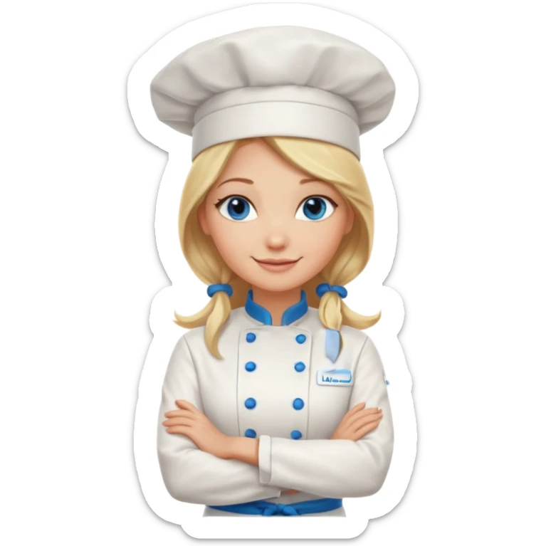 Beautiful, sexy,  long blonde hair, blue eyed, full lips female chef arms folded  sticker